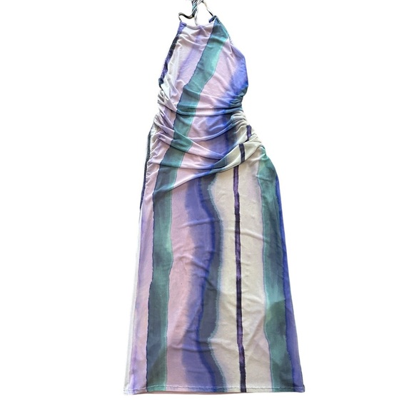 Zara Printed Tulle Mesh Halter Top Open Back Bodycon Midi Dress - Picture 9 of 15